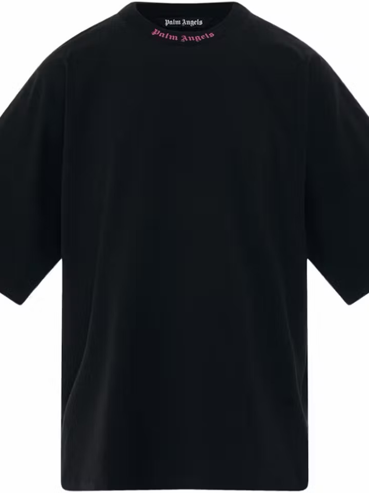 Palm Angels Black T-Shirt With Pink Neck Script